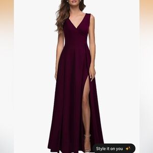 Women's MUSHARE 2XL V-Neck Sleeveless Burgundy Evening Gown with Side Slit
